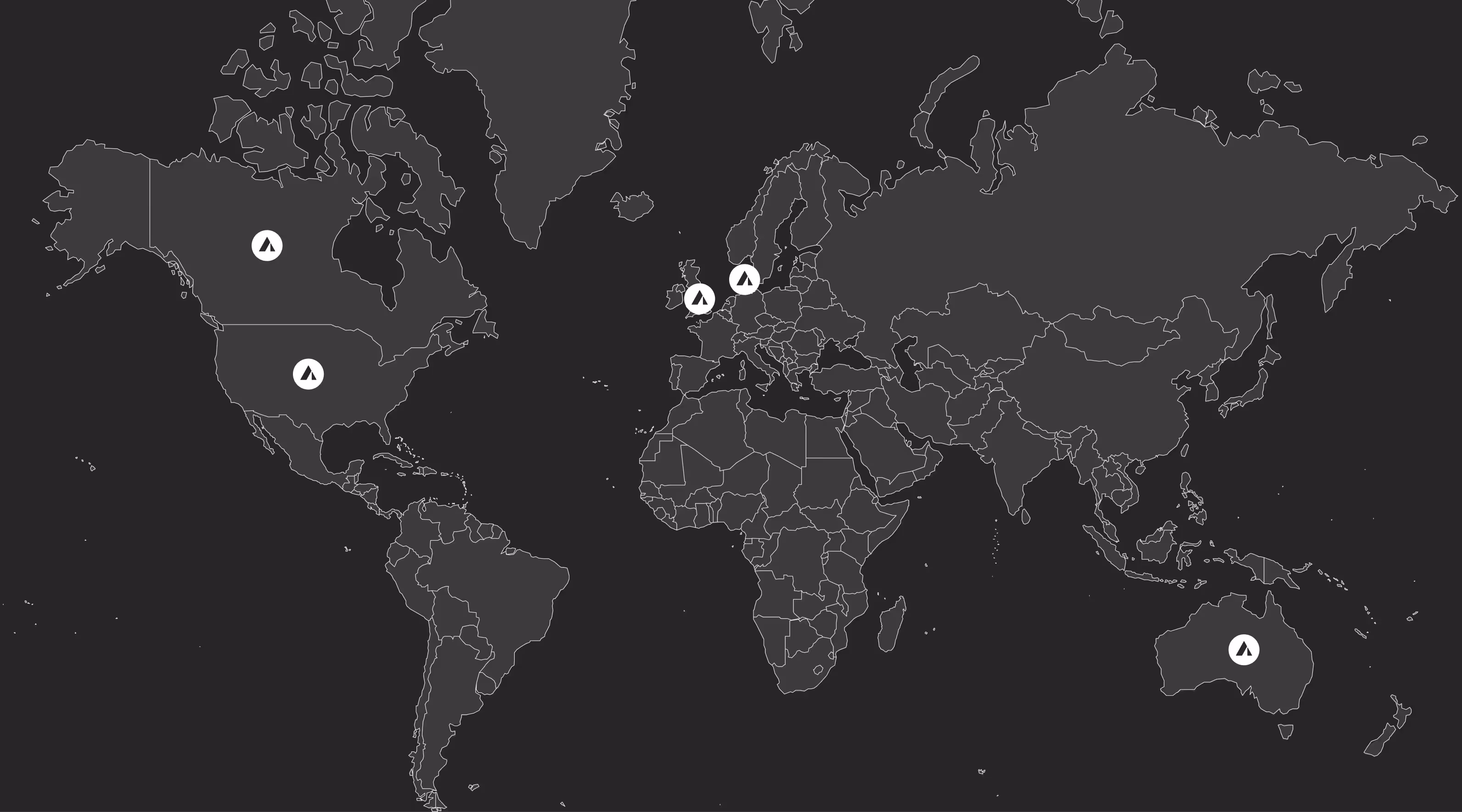 Map with Atreides locations pinned in the USA, Canada, the UK, Australia and Denmark